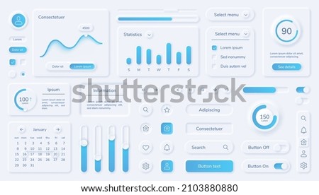 Neumorphic user interface elements, mobile app ui design kit. Buttons, bars, sliders in neumorphism style for website or dashboard vector set. Menu with different minimal components