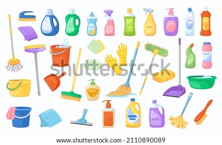 Set of cleaning tools detergents, broom and mop. Vector domestic equipment and bucket, sponge and cleaner for housework