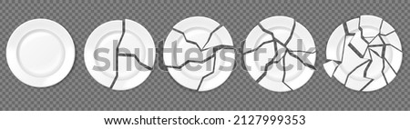 Broken plates, shattered food plate, cracked porcelain dishes. Realistic empty white dish broke into pieces, ceramic shards vector set. Illustration of plate shattered dish and broken dishware Photo stock © 