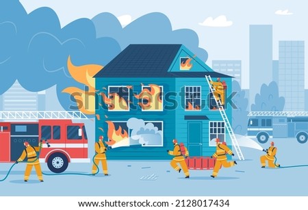 Firefighters putting out house fire, firemen try to extinguish flames. Fireman in uniform using firehose, burning building vector illustration. Rescue emergency by fireman
