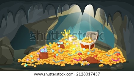 Cartoon treasure cave with piles of coins, gold bars, gems and jewels. Hidden ancient mine with pirate treasures and jewelry vector illustration. Pile gold treasure cartoon