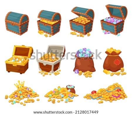 Cartoon treasure chests, piles of gold and jewels, pirate treasures. Bag with diamonds, open wooden chest with coins and gems vector set. Illustration of pirate wealth with gems