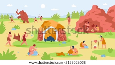 Primitive people life scene, stone age characters lifestyle. Prehistoric men hunting mammoth, caveman cooking food vector illustration. Primitive prehistoric caveman and tribe Stockfoto © 