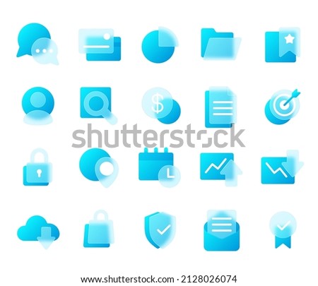 Finance and business glassmorphism style icons with blur effect. Digital marketing strategy transparent frosted glass icon vector set. Illustration of icon business strategy