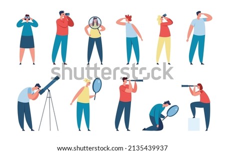 People looking through binoculars and magnifying glass. Characters searching for opportunities and new ideas, man look into future vector set. Female and male workers with spyglass or telescope