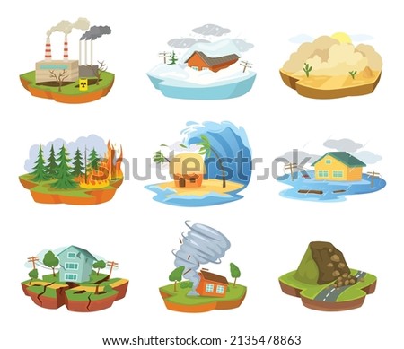 Cartoon natural disasters, tornado, earthquake forest fire, flood. Extreme weather, tsunami snowfall, calamities or catastrophes vector set. Ruined and broken buildings cataclysms