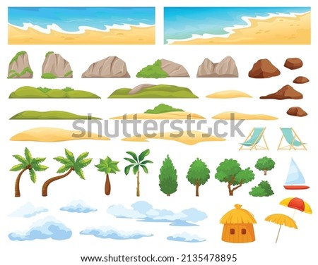 Beach landscape elements, ocean coast, palm trees, mountains. Cartoon tropical island scene constructor with sandy beach, clouds vector set. Sea horizon, hills and rocks, relaxation objects