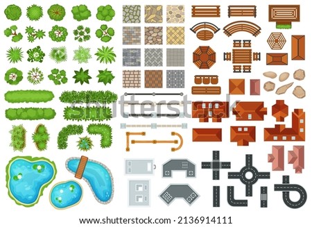Top view city elements, trees, roads, buildings, houses, pavements. Town street architecture, furniture, plants for park landscape vector set. Outdoor items for city plan, yard project