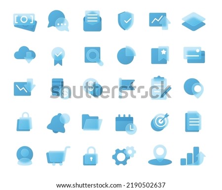 Glassmorphism business strategy icons. Financial management, marketing and planning. Achieving target, communication, data security, income growth and fall signs set isolated on white vector