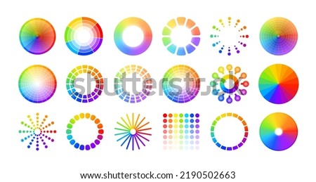 Color wheel circles. Mix of concentric round shapes with bright colors, abstract isolated set of colorwheel elements, spectrum charts with vivid palette. Vector illustration. Multicolor sections