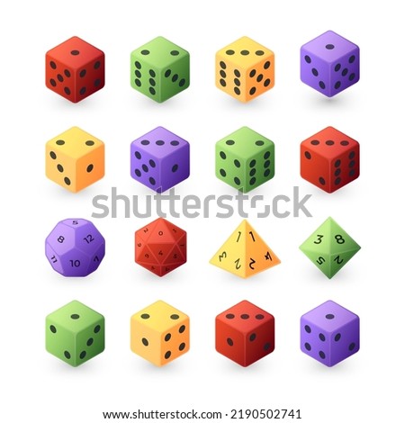 Board game dice. Role playing different sided game dice collection, family gaming and casino gambling pieces of various shapes. Vector polyhedral dices isolated set. Colorful realistic cubes with