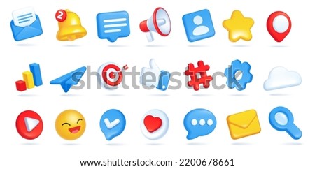 3d social media icons. Envelope with email message, bell for notification, megaphone, speech bubbles for comments. Marketing and networking sites isolated icons for communication vector illustration