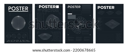 Futuristic grid posters. Retrofuturistic layout templates with HUD elements, wireframe planet perspective tunnel circle retro cyberpunk style. Vector set. Wavy deformated abstract surfaces