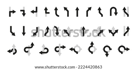 Road navigation arrows. Driving direction mark, location point crossroad circle turning route black pictograms. Vector isolated collection of arrow direction illustration