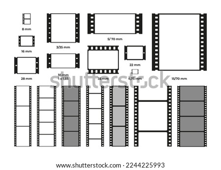 Film frame format. Analog 35mm slide roll, photography cinematography blank negative strip, old retro tape reel. Vector isolated set of frame photo and picture, film photography negative illustration