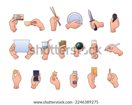 Hands holding objects. Modern human gestures cartoon style, flat woman fingers with various items, colorful doodle. Vector isolated set of human hand with different item illustration