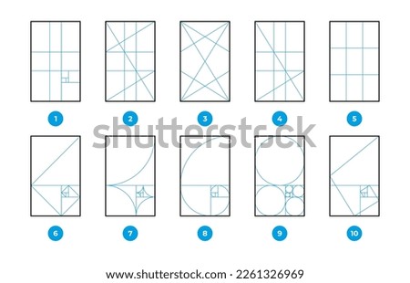 Composition rules. Geometric formula math science diagrams, golden ratio and rule of thirds, fibonacci sequence 1. 618 proportions, fractal geometry. Vector set. Perfect and precise measurement