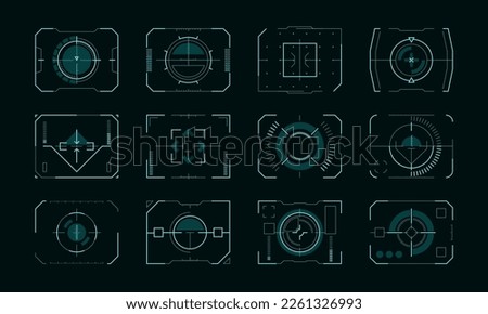 Target frame hud ui. Futuristic aim pointers with control panel borders, sci-fi screen display with aiming crosshairs for technology interface. Vector set. Device with cyber radars game