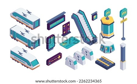Isometric metro collection. City metro station elements with train tunnel escalator turnstile, urban metropolitan traffic concept. Vector isolated set. Subway wagons, signboards, routes