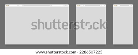 Browser mockups. Empty computer tablet and mobile web page templates, blank website frames on different devices. Vector browser window set. Various isolated gadgets as laptop, smartphone