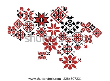 Ukrainian embroidery map. Topography of Ukraine with traditional national ornamental symbols and embroidery elements, country map with flowers and leaves. Vector illustration. Patriotic needlecraft