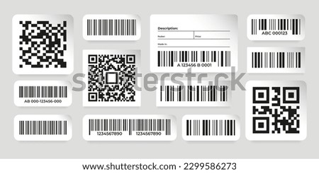 Barcode stickers. Scan data labels with QR codes on paper layout, supermarket discount codes and product number tags. Vector shop label set. Labeling for selling in shop with description and price