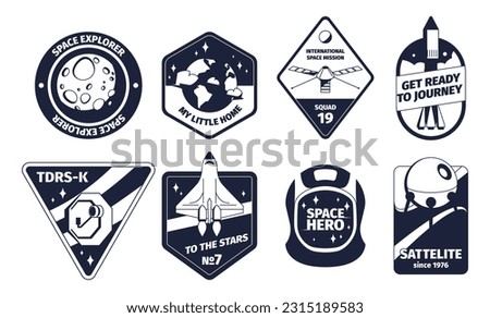 Vintage space emblem. Retro monochrome labels with galaxy rocket shuttle stars and planets, classic space symbols in premium quality stickers. Vector set. Cosmos exploration patch collection