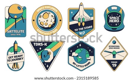 Space patch. Retro rocket sticker with astronaut logo, vintage cosmos exploration badge. Vector solar system planets and space rockets badge set. International space mission isolated elements