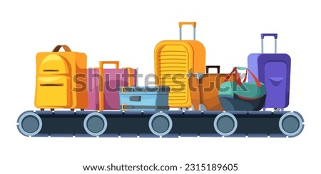 Luggage conveyor. Cartoon belt with suitcases, horizontal airport baggage inspection, luggage transportation concept. Vector illustration. Airport terminal, bags and suitcases control or check