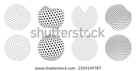 Dot spheres. Geometric round planet earth ball, nanometric globe and knot atom model. Vector flat perspective shapes isolated set of sphere round geometric illustration