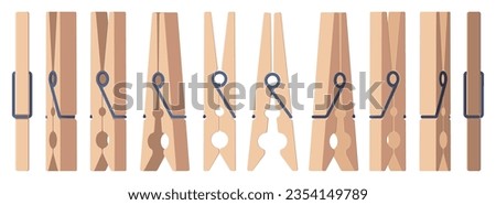 Clothespin collection. Empty wooden clothes pegs, laundry cord and rope clip, household dry cleaning utensil flat style. Vector isolated set of pin clothespin illustration