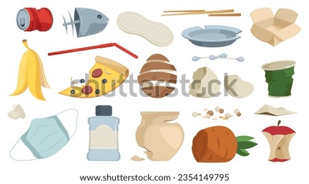 Garbage set. Doodle recycling waste plastic rubber, fase mask cardboard paper can brocken plate, recycling waste in different forms. Vector collection of environment garbage pollution illustration