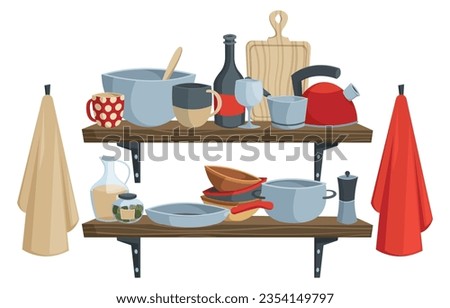 Kitchen shelf with utensils. Flat tableware and kitchenware, cartoon flat kitchen interior with pots pans and utensils. Vector isolated set of tableware kitchen illustration