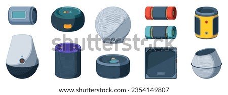 Wireless speakers. Outdoor smart phone and tablet accessories with voice recognition and streaming music, AI technology cartoon flat style. Vector isolated set of audio portable speaker illustration