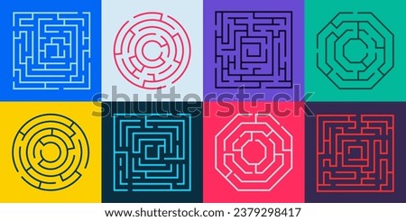 Maze path. Round labyrinth riddle with wrong way and right way, labyrinth puzzle with gate and deadlock, maze game concept. Vector illustration of riddle way challenge