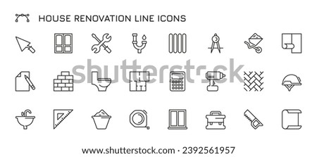 Home renovation line icons. Handsaw screwdriver saw dor and window lines for contractor renovation and building maintenance. Vector collection of renovation repair tools, paintbrush paint illustration