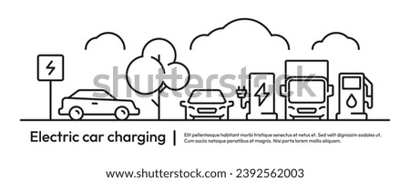 Electric car charging concept. Electric car battery charging, hybrid vehicle concept, sustainable transport energy concept. Vector illustration of car station electric