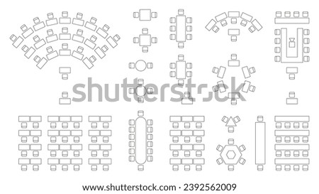 Wedding seating plan. Conference banquet and seminar classroom interior, conference hall and seminar room interior design. Vector top view of arrangement of banquet furniture seats illustration