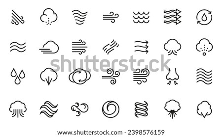 Wind icons. Thin tornado stream line blizzard hurricane zephyr wind elements, flat abstract swirls and flow for logo design. Vector isolated set of swirl air wave weather illustration