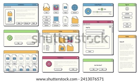 Computer 90s UI. Retro 80s and 90s style GUI panels with buttons and frames for application and operating system design. Vector modern notification screen of gui design 90s illustration