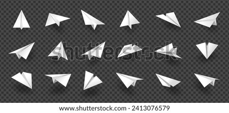 Paper planes. Folded origami air crafts, white abstract origami symbols, plane flight toy for kids. Vector collection of plane origami icon, aircraft fly paper illustration