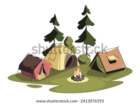 Forest camping with tents. Cartoon summer trekking concept with camping in the woods, outdoor glade with tents and fire. Vector illustration of hiking summer outdoor travel