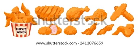 Cartoon fried chicken. Barbecue grilled fried poultry, greasy fast food, tasty unhealthy snack with crispy fillet drumsticks. Vector set of barbecue cartoon chicken illustration