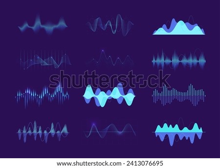 Colorful sound waves. Music rhythm and melody curve, audio waveforms and sound level, music studio backdrop elements. Vector isolated set of sound music melody rhythm illustration