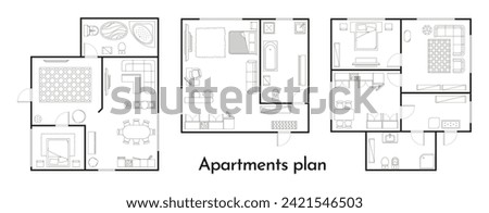 Apartment plan. Room floor plan with furniture and window, home, office and bedroom layout. Vector apartment building floor plan. Kitchen, bathroom and living room draft illustration