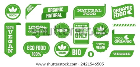 Vegan labels. Eco vegetarian food organic products, natural veganism concept symbols, organic farm fresh vegan icons. Vector isolated set. Green badges for packages with bio ingredients