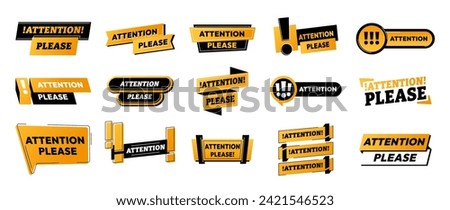 Attention banners. Warning danger alert sign, caution information and important note concept. Vector yellow danger and alert badges. Isolated industrial borders for safety and risk notices