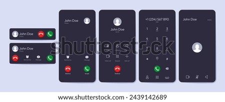 Incoming call UI elements. Smartphone overlay with accept decline call buttons, mobile phone screen with text message and call icons. Vector flat set