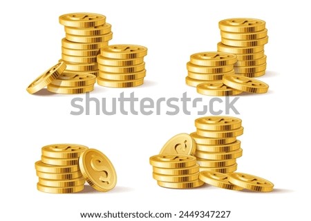 Golden coins stack. 3D Realistic shiny gold coin pile. Money stacks financial elements for gambling game or banking poster isolated on white vector set. Jackpot winnings with dollar symbols