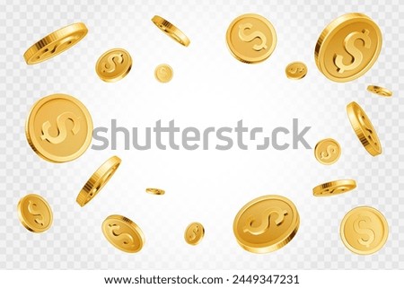 Realistic gold coins. Golden coins explosion backdrop, casino jackpot cash money concept, shiny 3D gold treasure vector background illustration. Precious prize in casino, having luck. Shiny money rain